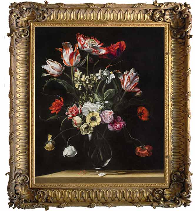 «Натюрморт с тюльпанами, нарциссами, гвоздиками, маками и другими цветами в стеклянной вазе» в раме. Пикар, Жан Мишель