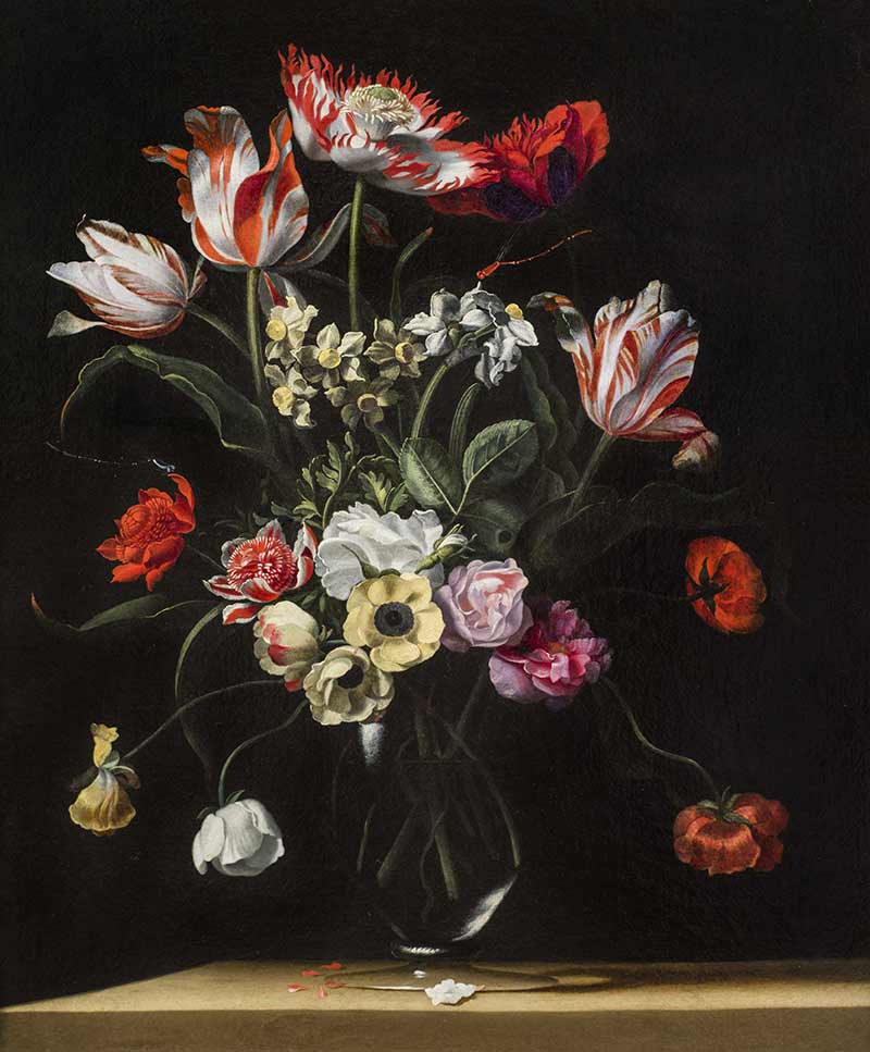 Натюрморт с тюльпанами, нарциссами, гвоздиками, маками и другими цветами в стеклянной вазе. Пикар, Жан Мишель