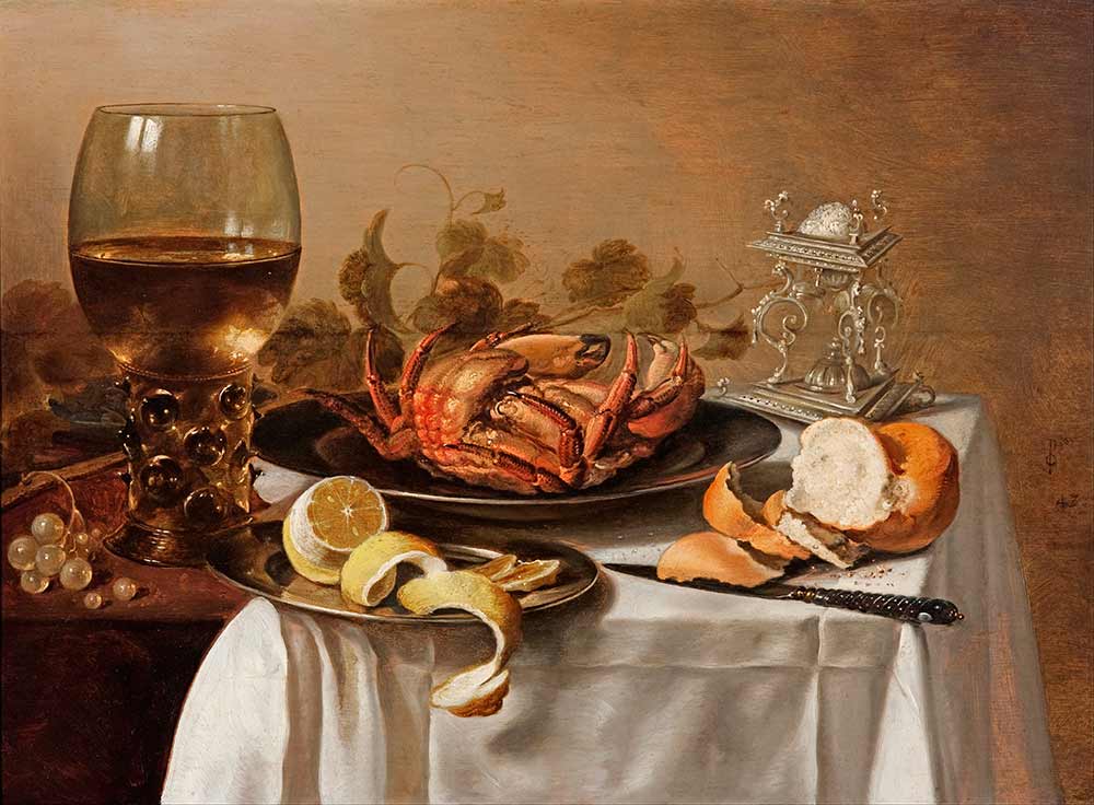 Картина на кухню. Питер Клас. Натюрморт с ремешком, крабом и очищенным лимоном