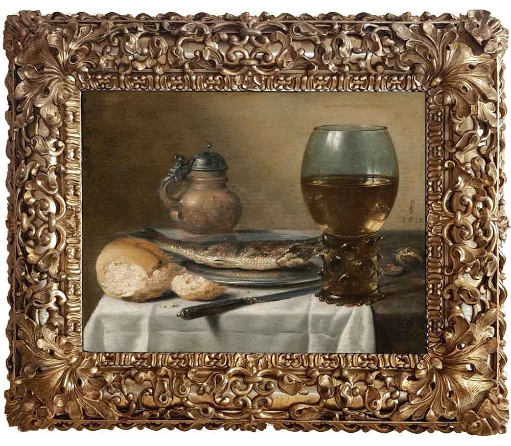 Питер Клас. Натюрморт с кувшином из керамики, винным стеклом, сельдью и хлебом
