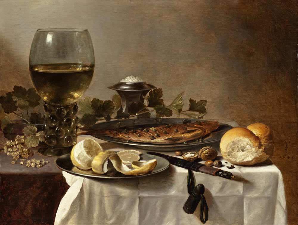 Картина на кухню. Натюрморт с сельдью, вином и хлебом