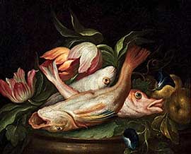 Порпора, Паоло. Натюрморт с цветами, фруктами и рыбной тарелкой