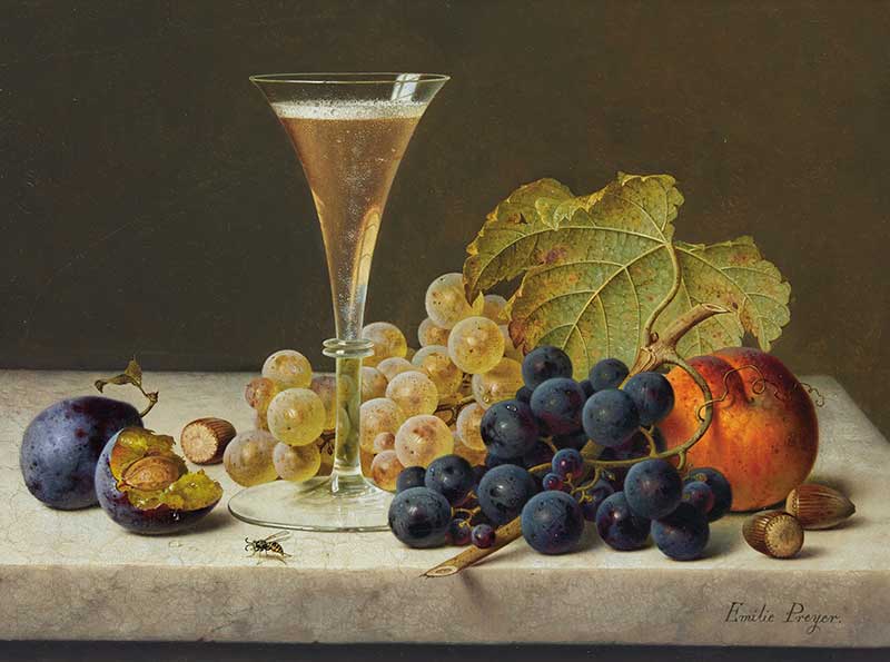 Натюрморт с фруктами и бокалом шампанского