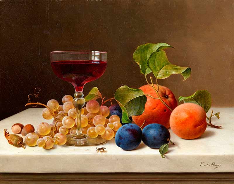 Натюрморт с фруктами, орехами и бокалом вина