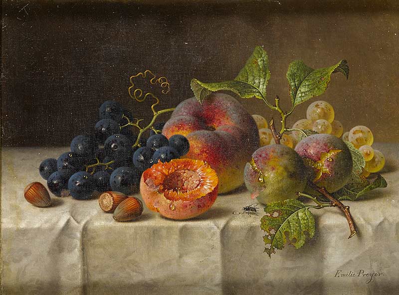Натюрморт с персиками и виноградом на столе