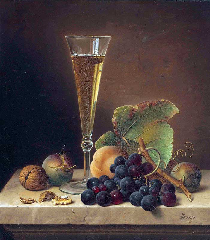 Натюрморт с фруктами грецкими орехами и бокалом шампанского на мраморном выступе