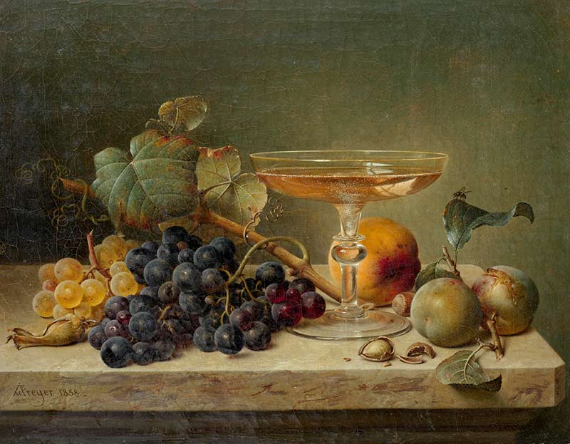 Натюрморт с фруктами, орехами и стаканом на мраморном выступе