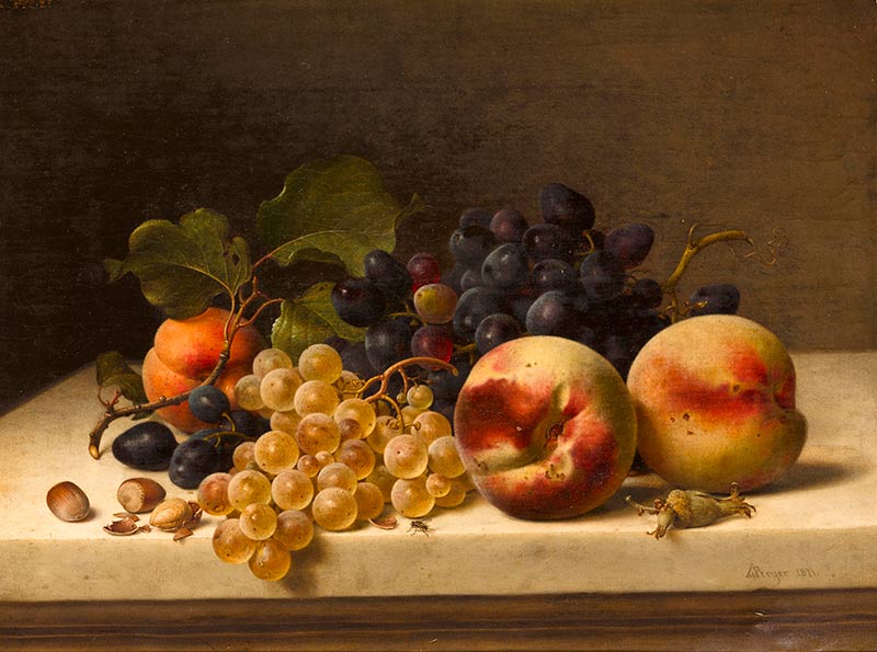 Натюрморт с персиками, виноградом и фундуком