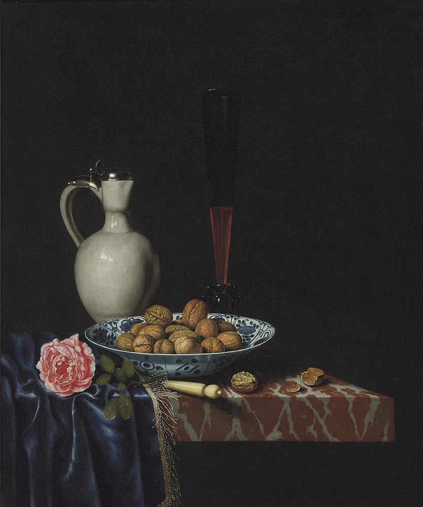 Белая фляжка, стакан, роза и грецкие орехи в миске на каменной плите. Рейвестейн, Хьюберт Ван