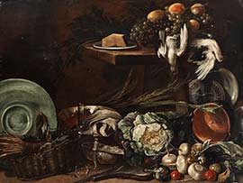 Рекко, Джузеппе. Большой кухонный натюрморт с овощами, тарелкой, корзиной и мертвой птицей