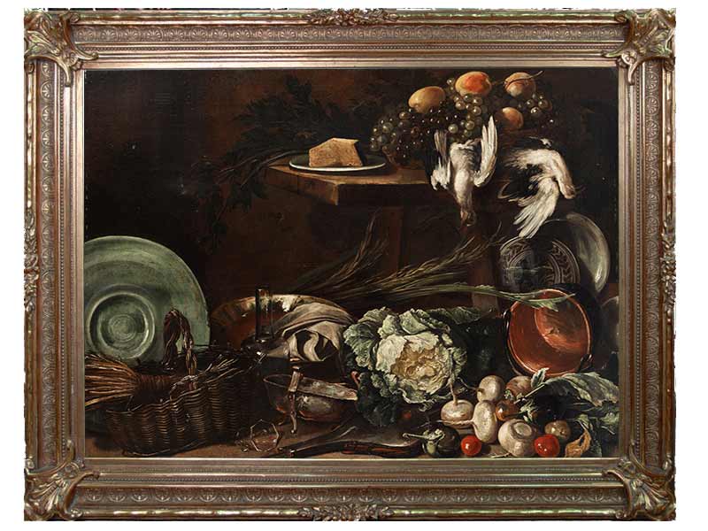 «Большой кухонный натюрморт с овощами, тарелкой, корзиной и мертвой птицей» в раме. Рекко, Джузеппе