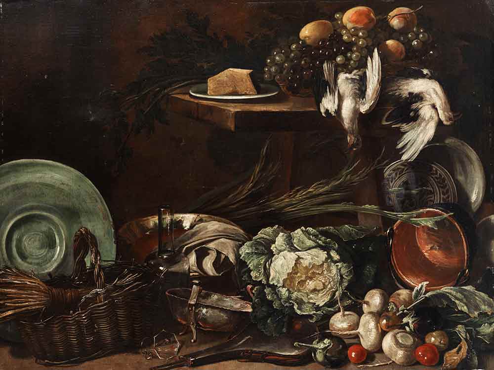 Большой кухонный натюрморт с овощами, тарелкой, корзиной и мертвой птицей. Рекко, Джузеппе