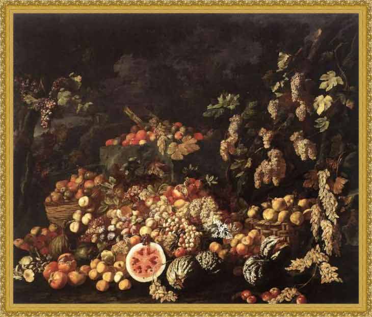 «Натюрморт с фруктами и цветами» в раме. Рекко, Джузеппе