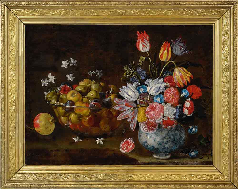 «Натюрморт с вазой с цветами и стеклянной чашкой с фруктами» в раме. Рекко, Джузеппе