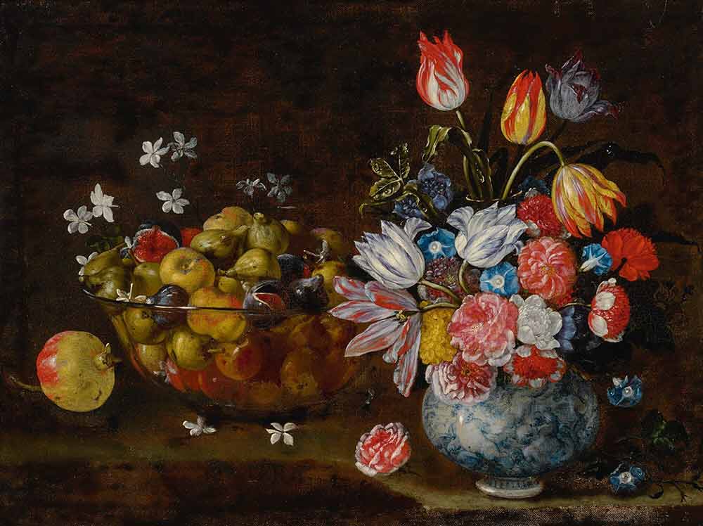 Натюрморт с вазой с цветами и стеклянной чашкой с фруктами. Рекко, Джузеппе