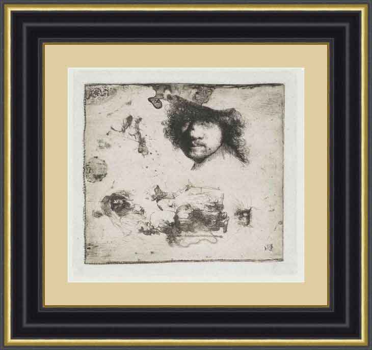 «Голова художника, Пара нищих, Головы старика и женщины и др.» в раме. Рембрандт