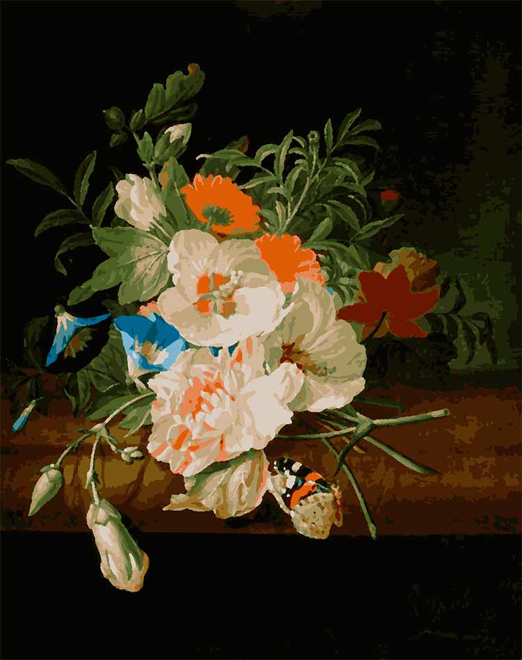 Букет цветов с красной бабочкой-адмиралом на мраморном выступе. Картина по номерам Рюйш, Рашель