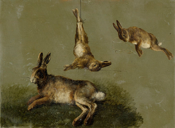 Лежащий заяц на лугу и еще два зайца-этюда. Зенф Карл Адольф