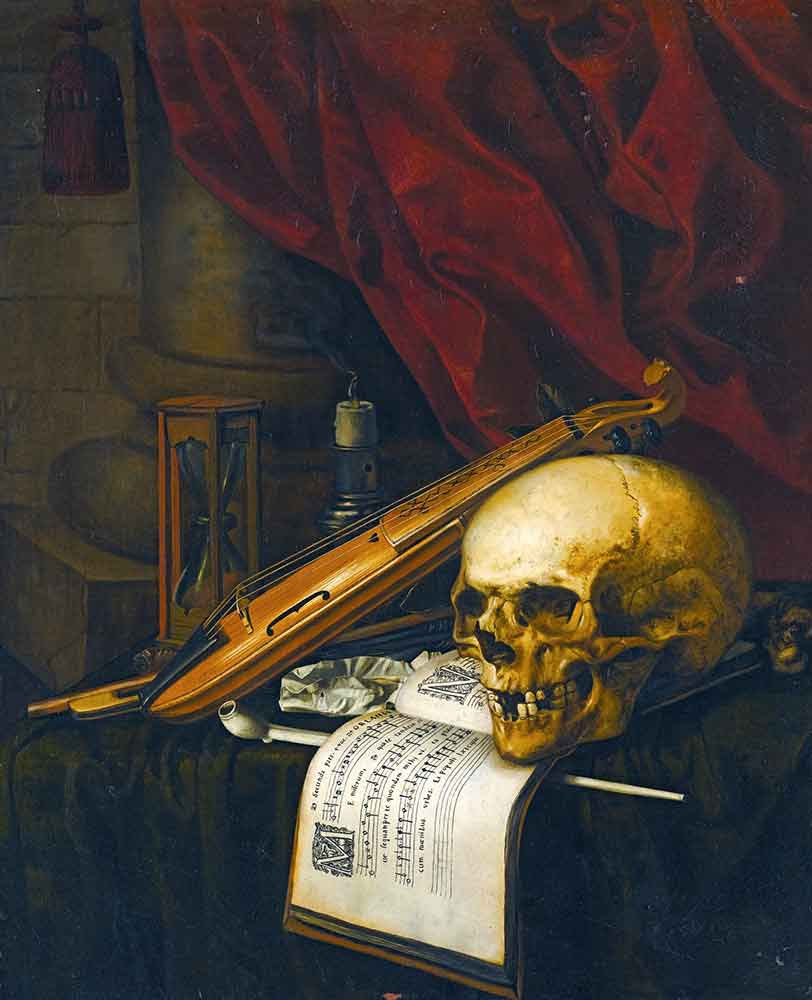 Vanitas - череп, скрипка, партитура, трубка и табак, песочные часы и оплывающая свеча на задрапированном столе. Сант-Андре, Симон Ренар де