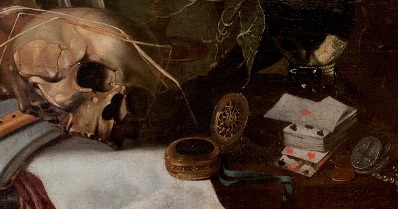 «Vanitas с черепом, часы с голубой лентой, флейта с нотной книгой и запечатанный пергамент с надписью 