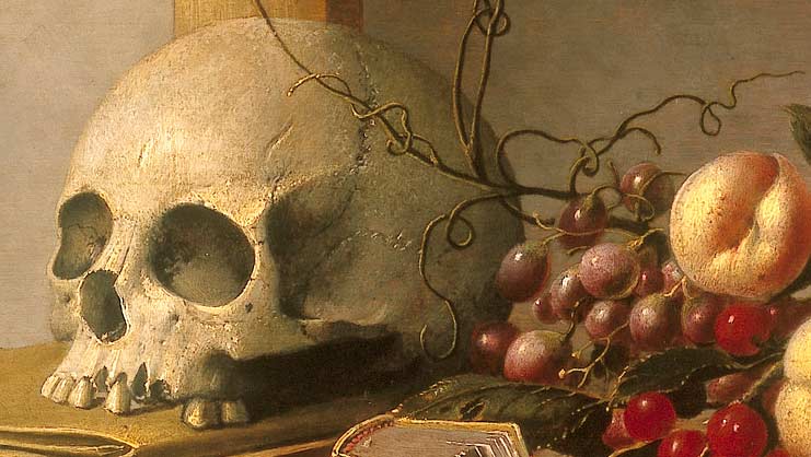 Натюрморт Vanitas с черепом, книгами и фруктами. Фрагмент №2 Стенвейк Хармен