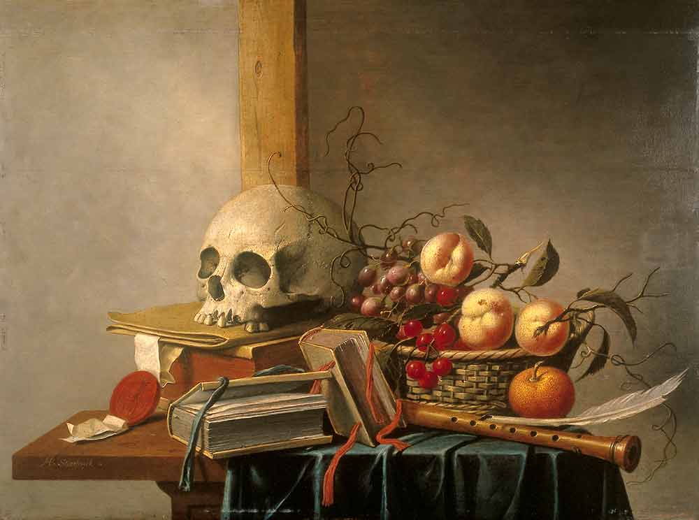 Натюрморт Vanitas с черепом, книгами и фруктами. Стенвейк Хармен