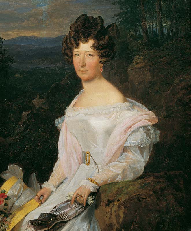 Вальдмюллер, Фердинанд Георг. Дама в белом платье на фоне пейзажа Винервальда