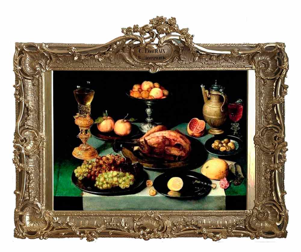 Лувр. Картины с названиями. Натюрморт с жареным цыпленком на накрытом столе с виноградом, бекершрофом, таззой и винной фляжкой