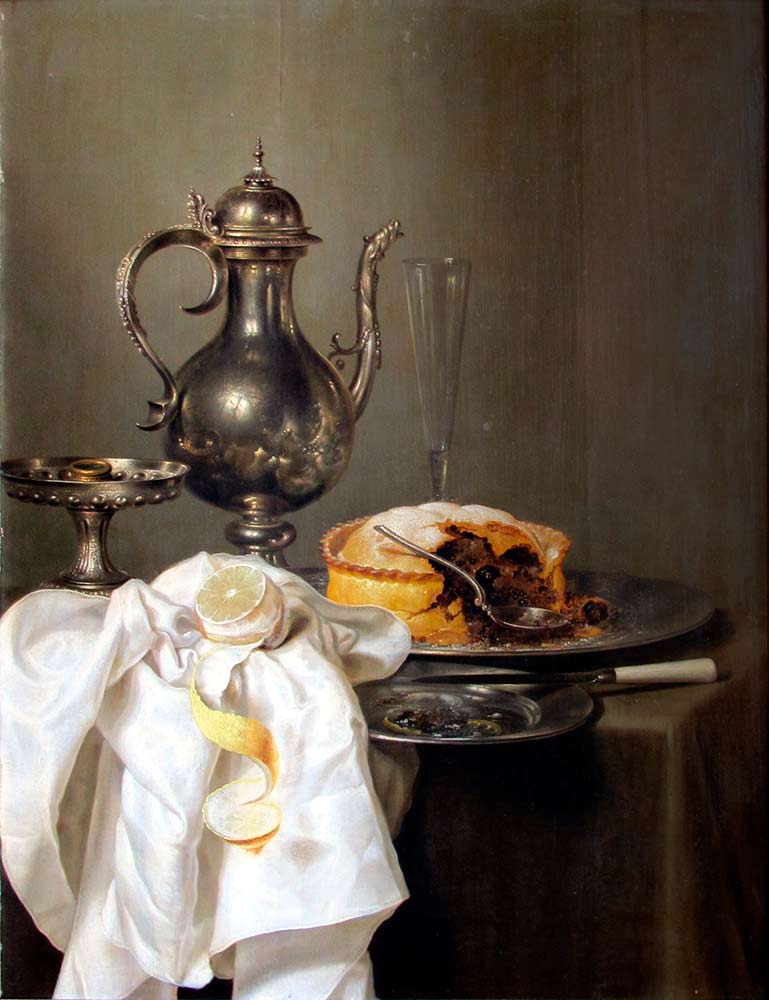Картина на кухню. Натюрморт с серебряным кувшином и пирогом
