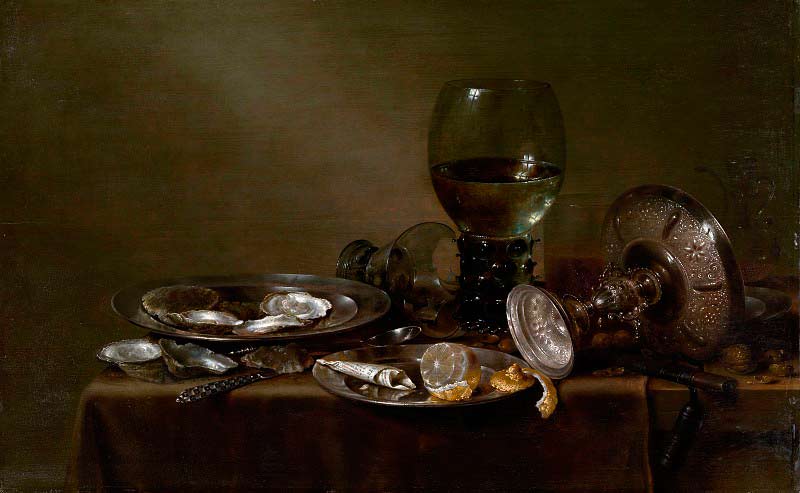Картина на кухню. Натюрморт с устрицами, серебряной вазой и стеклянной посудой