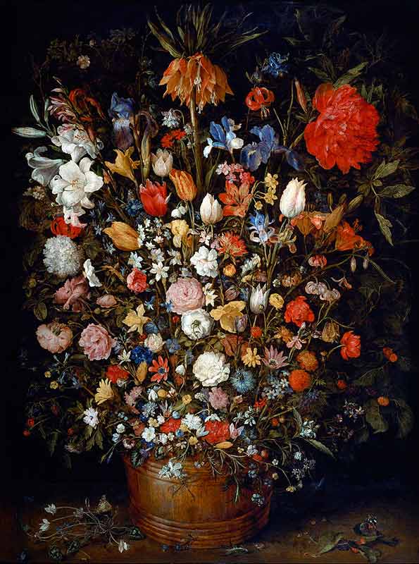 Натюрморты с цветами и фруктами. «Цветы в деревянном сосуде» Ян Брейгель Старший
