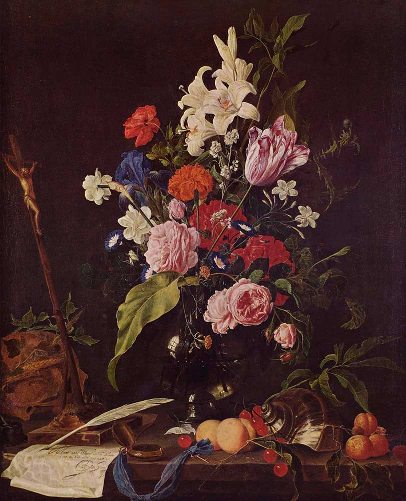 Натюрморты с цветами и фруктами. Цветочный букет в стеклянной вазе, распятие и мёртвая голова