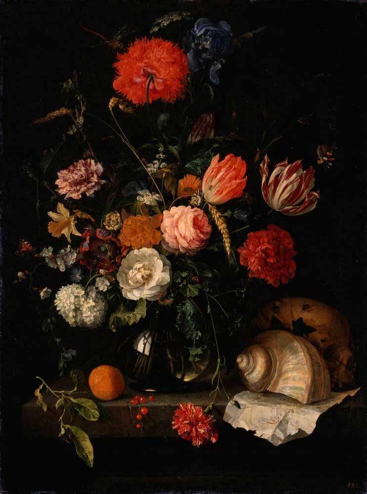 Memento Mori с черепом под вазой с цветами