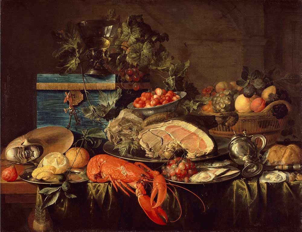 Картина на кухню. Натюрморт с фруктами и омаром