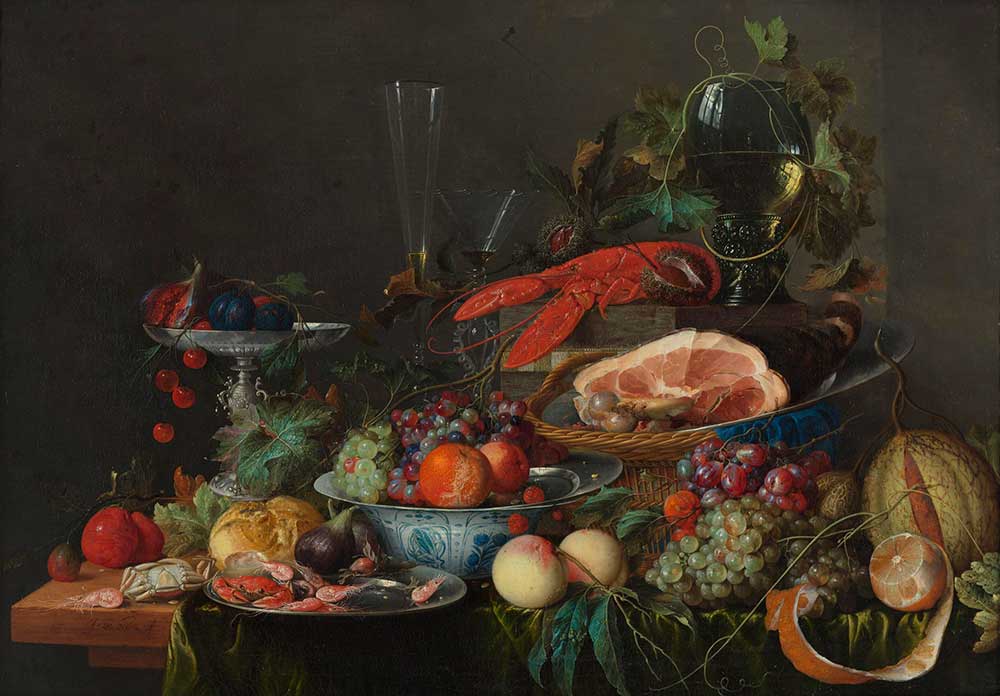 Картина на кухню. Натюрморт с ветчиной, лобстером и фруктами