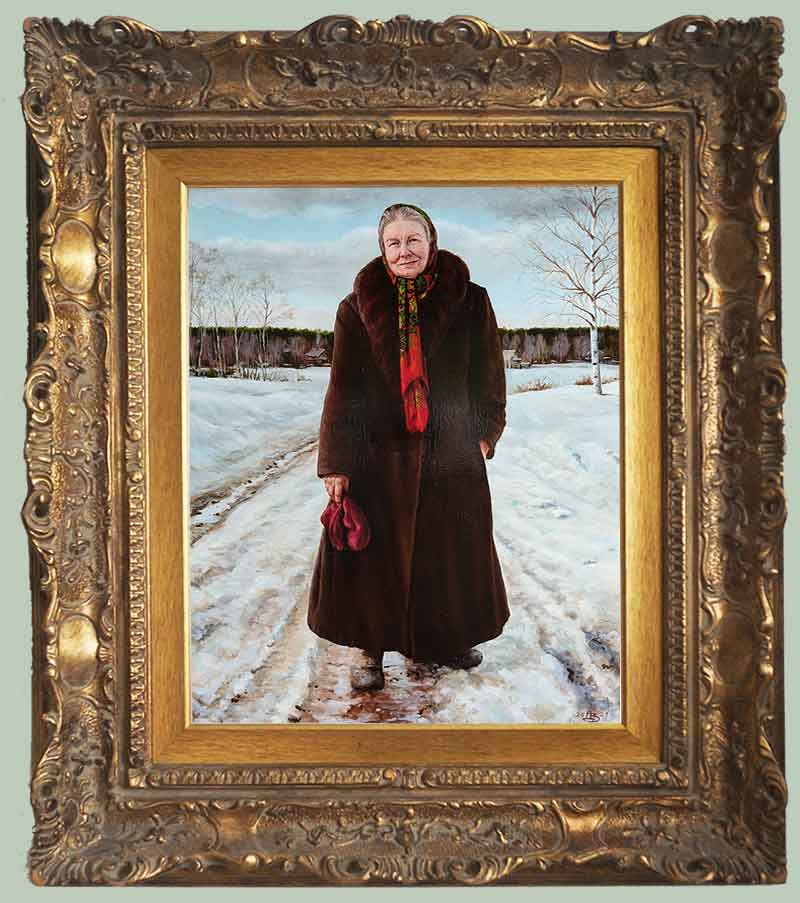 «Женский портрет на фоне родной деревни» в раме. Виктор Дерюгин